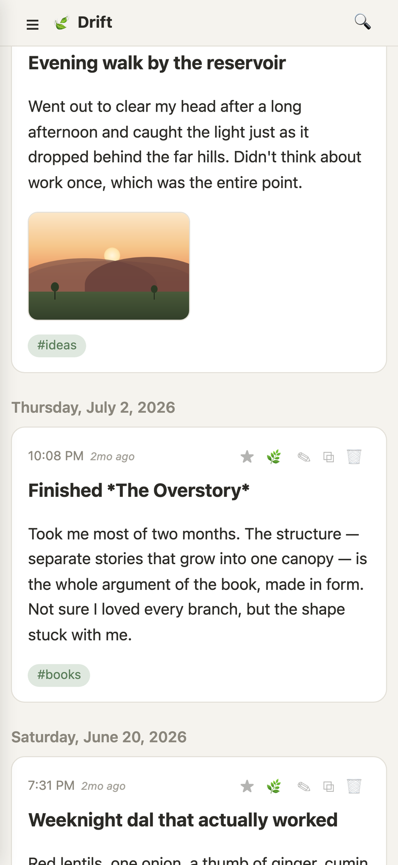 Drift running at phone width as an installed web-app, showing a journal entry with an attached landscape photo and the tag 'ideas'.