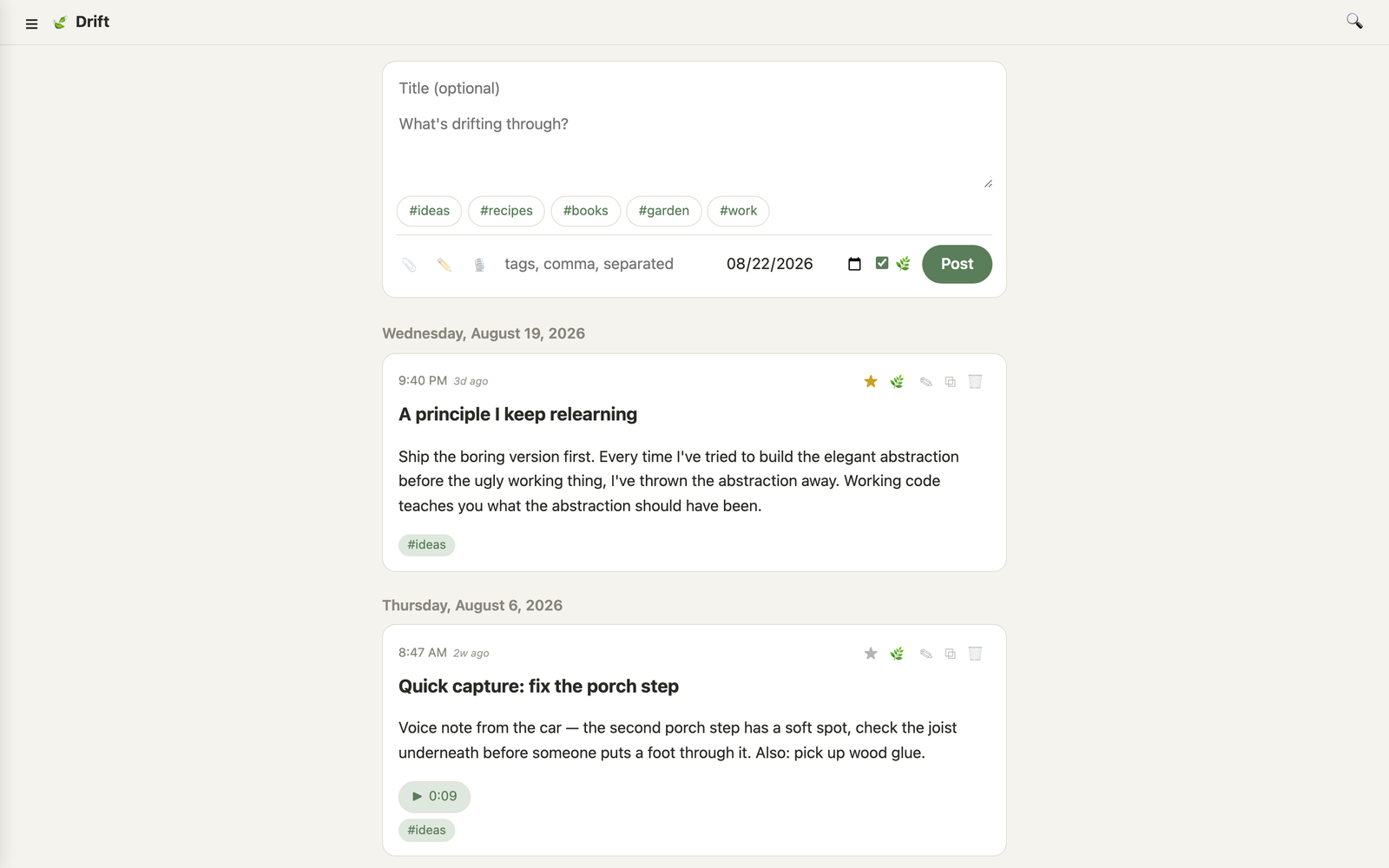 Drift's journal timeline with a capture-first composer, tag chips, and an entry showing a voice-note playback chip.