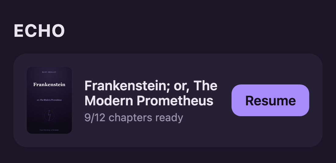 Echo's library showing a public-domain book with chapters ready to play and a Resume button.