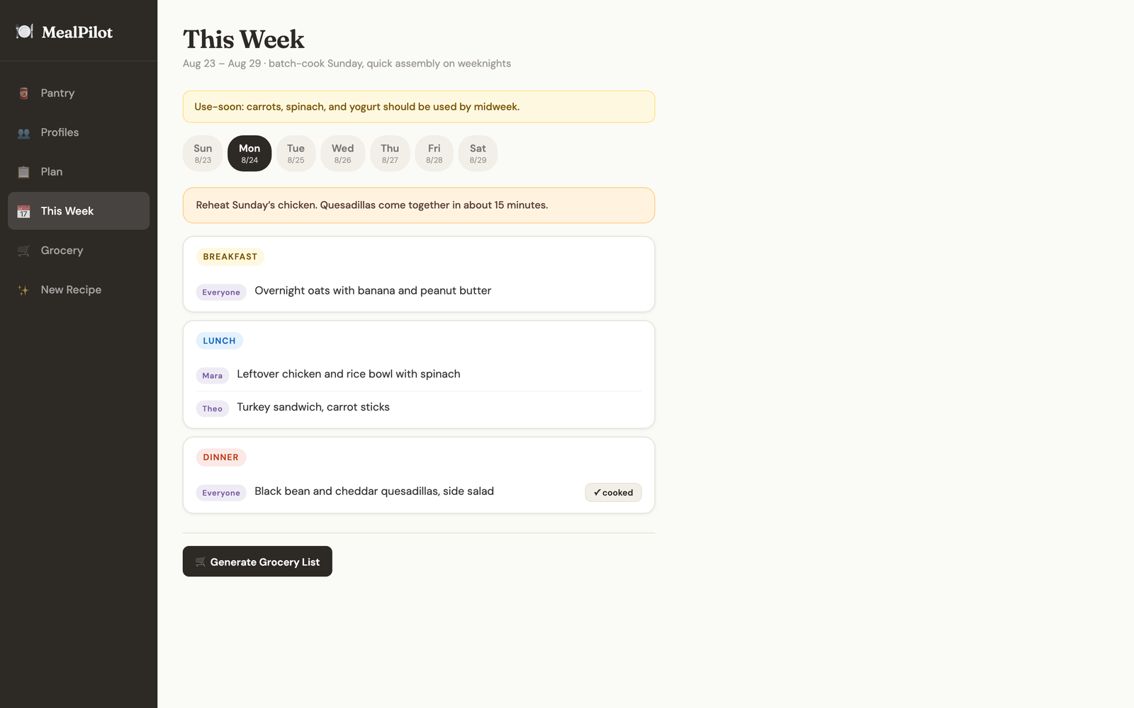 MealPilot's weekly meal plan with a day-tab row and breakfast, lunch and dinner cards for the selected day.
