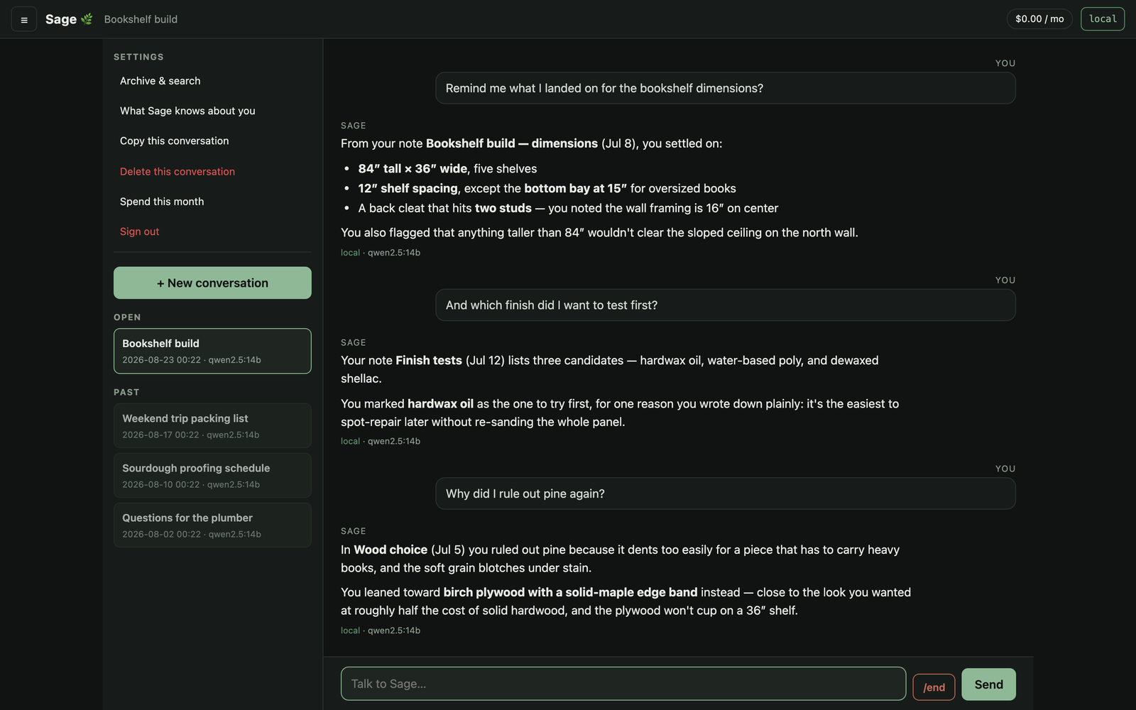 Sage's chat interface answering a question by citing the user's own notes, with a 'local' routing badge.